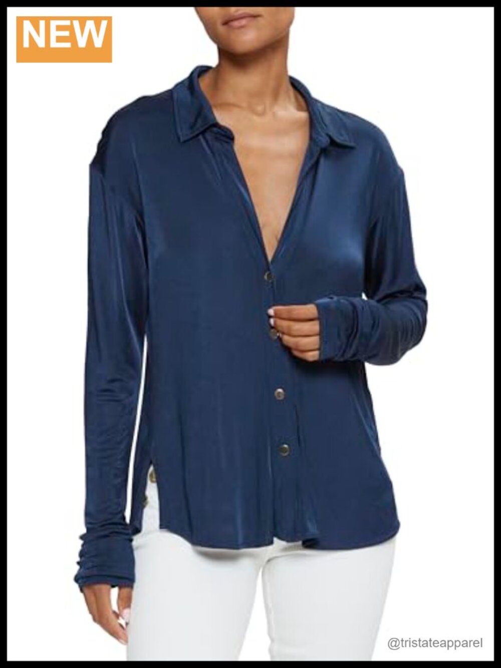 Womens Long Sleeve Button Down Shirt V-Neck Blouse Viscose